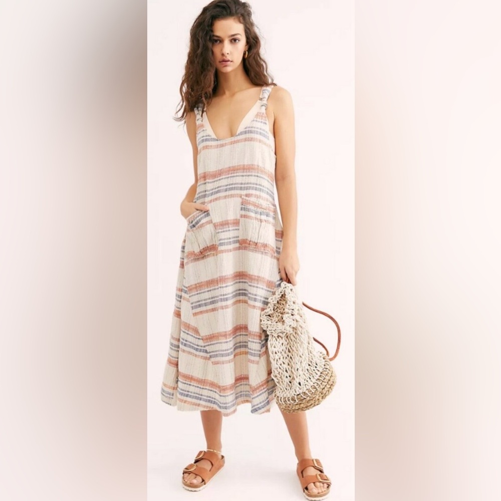 Free People Harper Striped Midi Dress Boho Pocket Cotton Blend Cream‎ Summer M